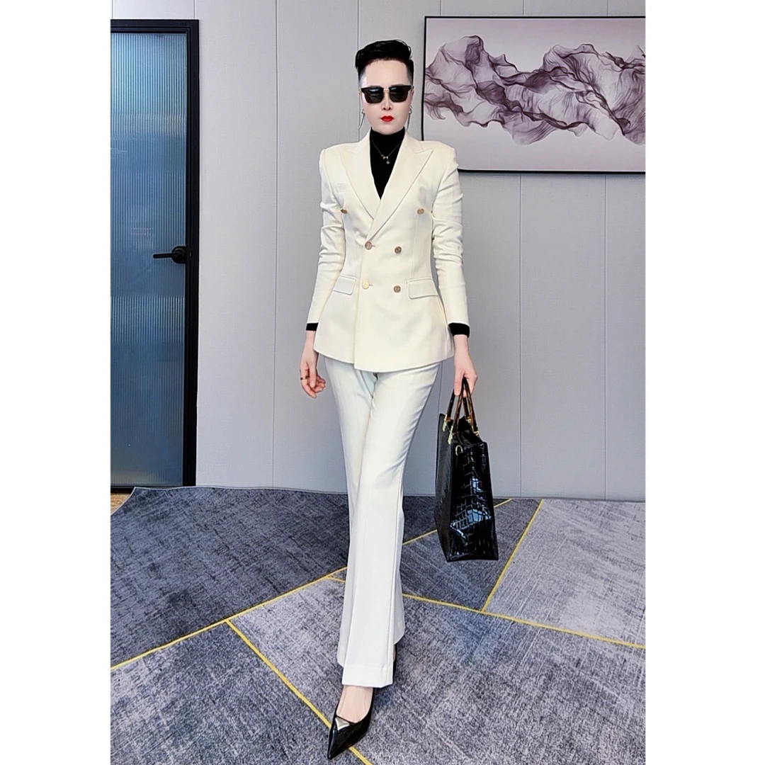 【白衣哥】奶白色双排扣喇叭裤长袖直筒裤职业套装修身设计