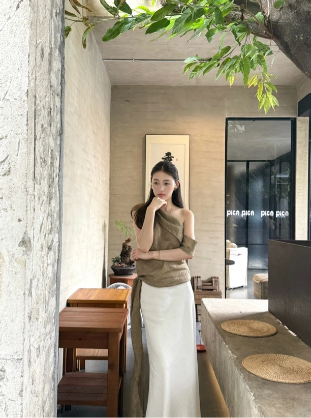 Clear ownership 苎麻天丝斜肩飘带上衣女不规则设计感25春夏新款