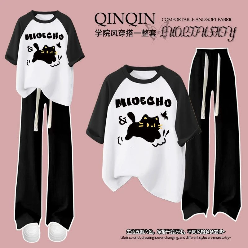男女童短袖t恤插肩夏装早秋套装卡通黑猫中大童8-14岁两件装长裤