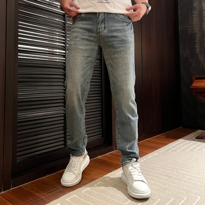 2026春新款重工欧货蓝色水洗老钱风时尚百搭男士修身小脚牛仔裤潮