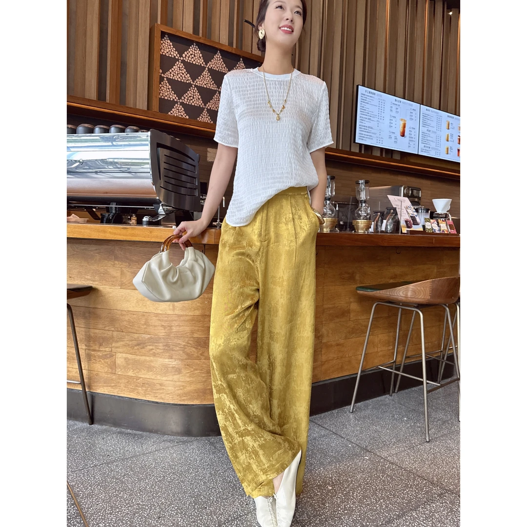 【老罗家】原创休闲裤女丝麻提花气质新中式显高宽松直筒裤长裤