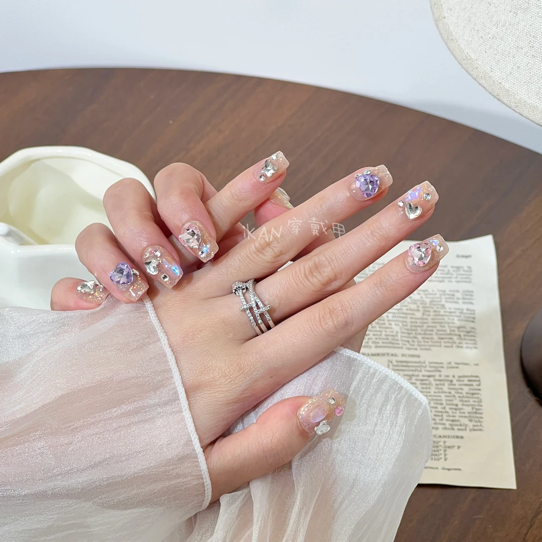 iKAN细闪满钻重工甜美风短方款穿戴甲高级设计小众风格57