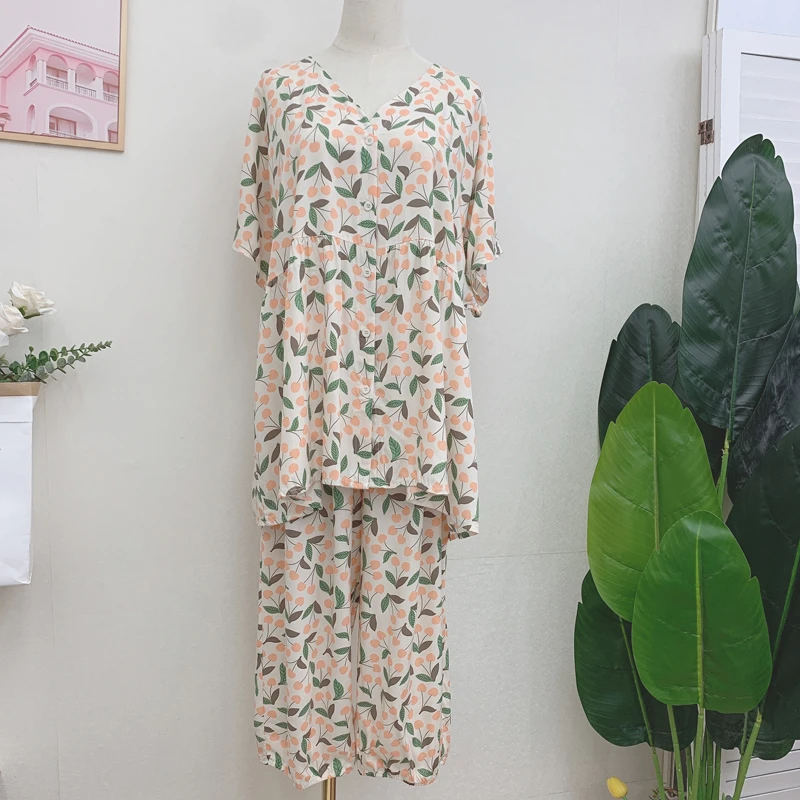 夏季大码200斤薄款人造棉棉绸短袖七分裤套装睡衣家居服胖MM