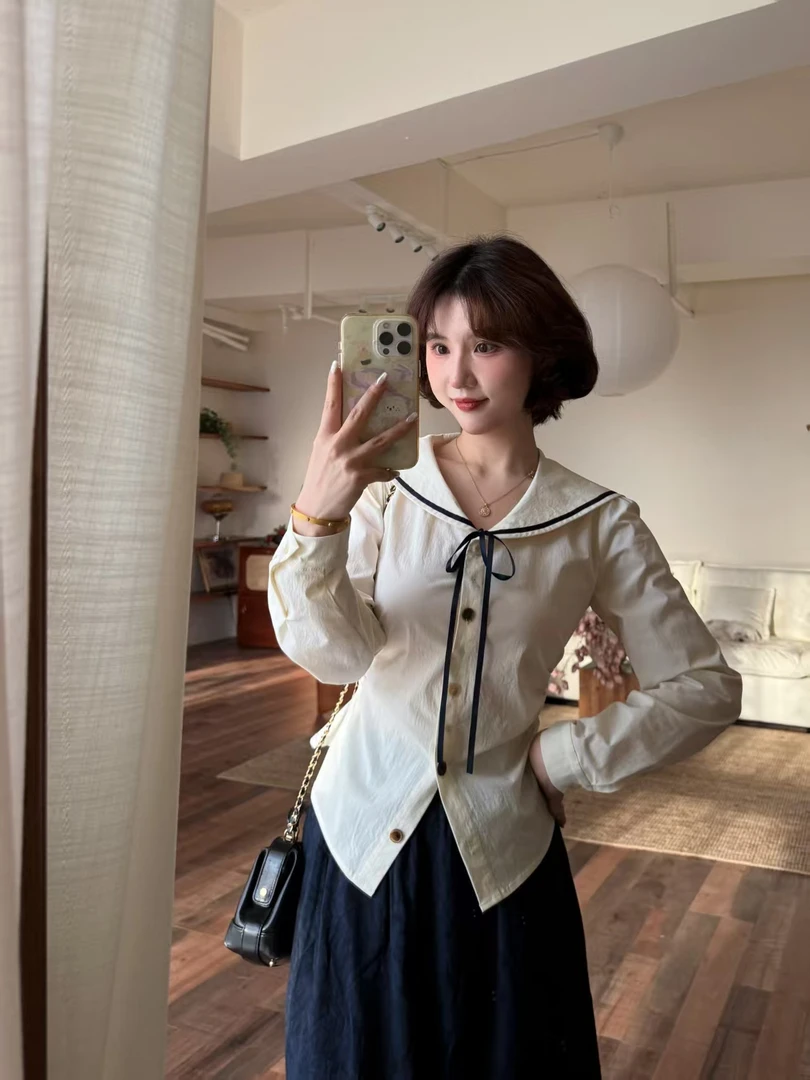 蕾英俊-半岛情书-秋季甜美海军领温柔风衬衫+复古慵懒文艺风半裙