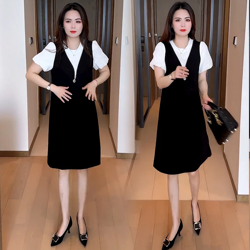 假两件连衣裙泡泡袖中长裙韩版显瘦撞色背带裙气质拼接洋气衣服女