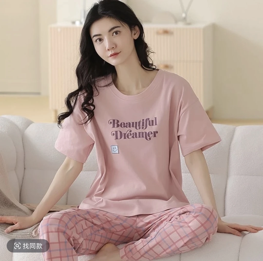 F{拍一发三}夏季女士睡衣薄款纯棉睡衣短袖长裤 韩版时尚粉格套装
