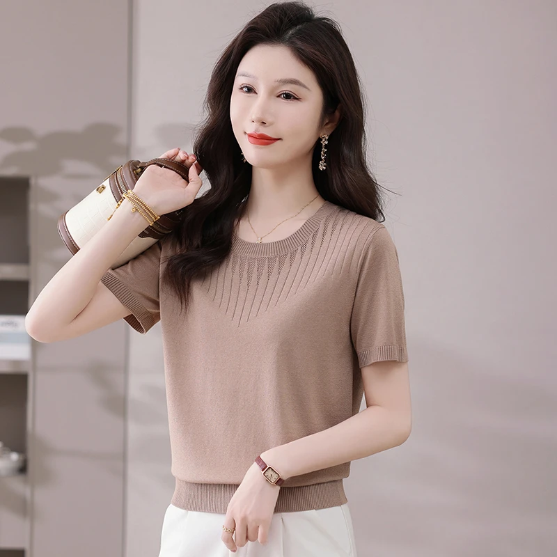 夏季100%天丝女士圆领宽松显瘦套头百搭减龄短款时尚短袖针织衫