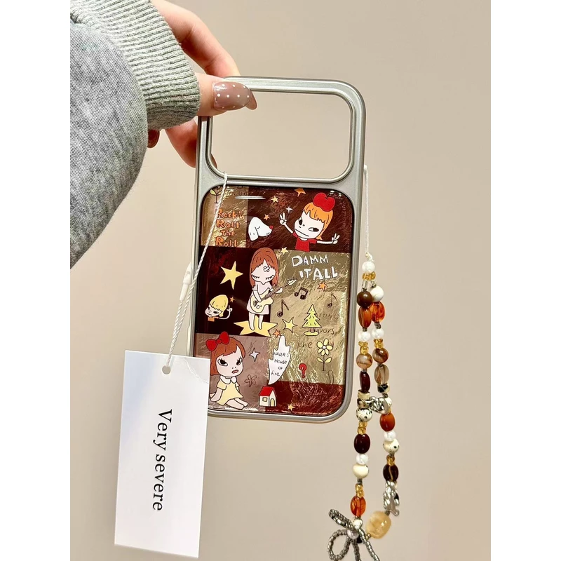卡通复古棕格拼接奈良美智链条适用苹果17promax手机壳15iphone16