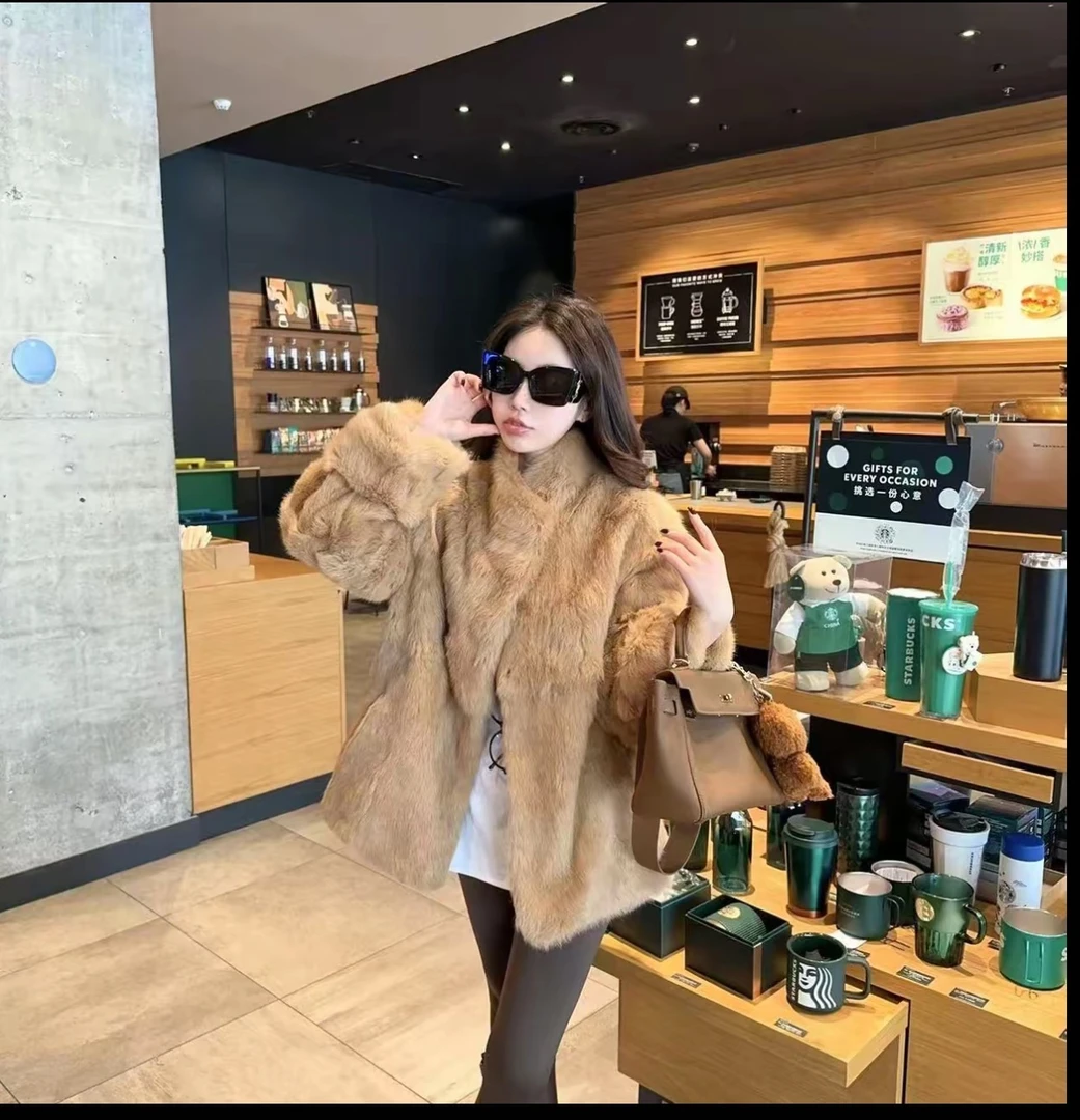 2025温柔奶兔兔毛2.0加厚加密温柔洋气立领宽松氛围感毛毛外套