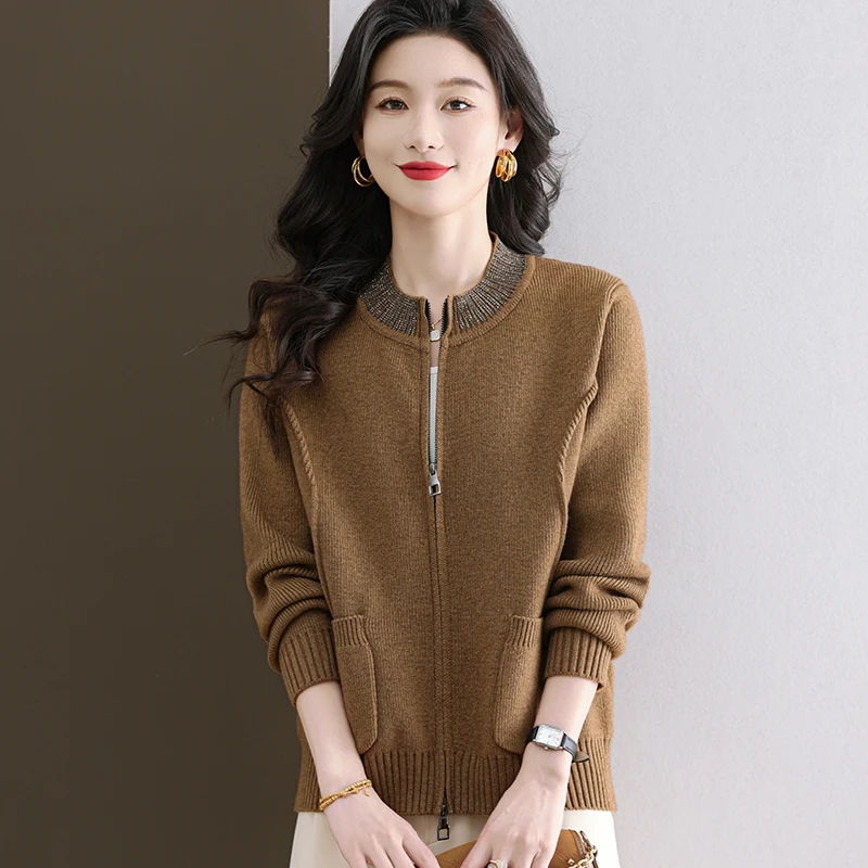 允山黛春秋新款女士拉链针织开衫时尚圆领休闲外套针织女开衫