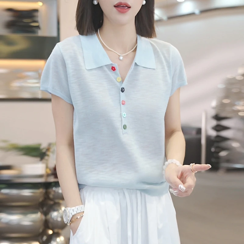欧若风设计感polo领短袖女2025夏季彩色纽扣宽松显瘦百搭减龄上衣