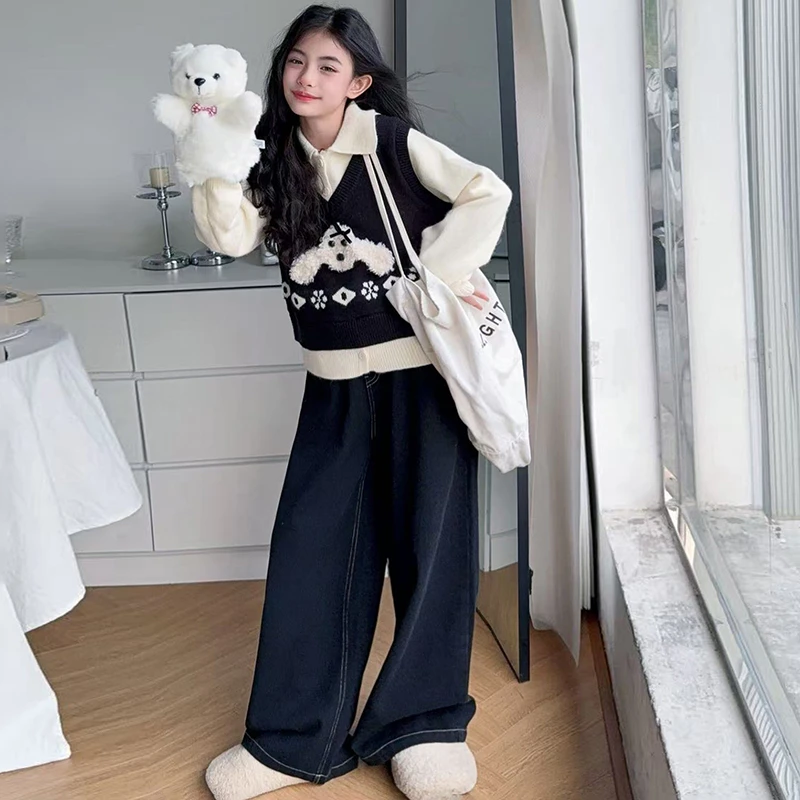 女童2025秋冬季新款韩版洋气拼接假两件针织上衣牛仔阔腿裤套装