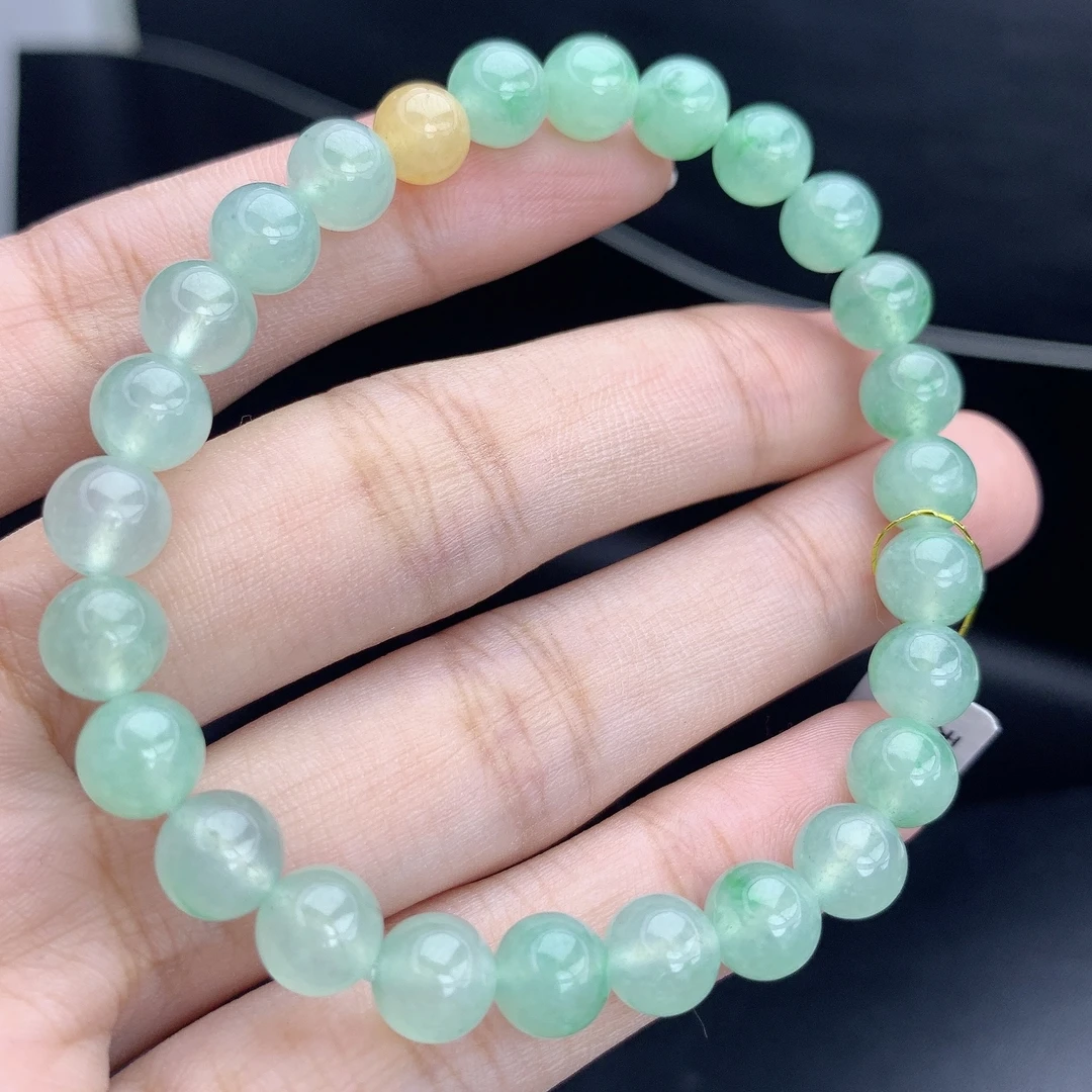 缅甸A货翡翠冰晴绿色晴水圆珠手链手串单圈MLT卡7.2mm