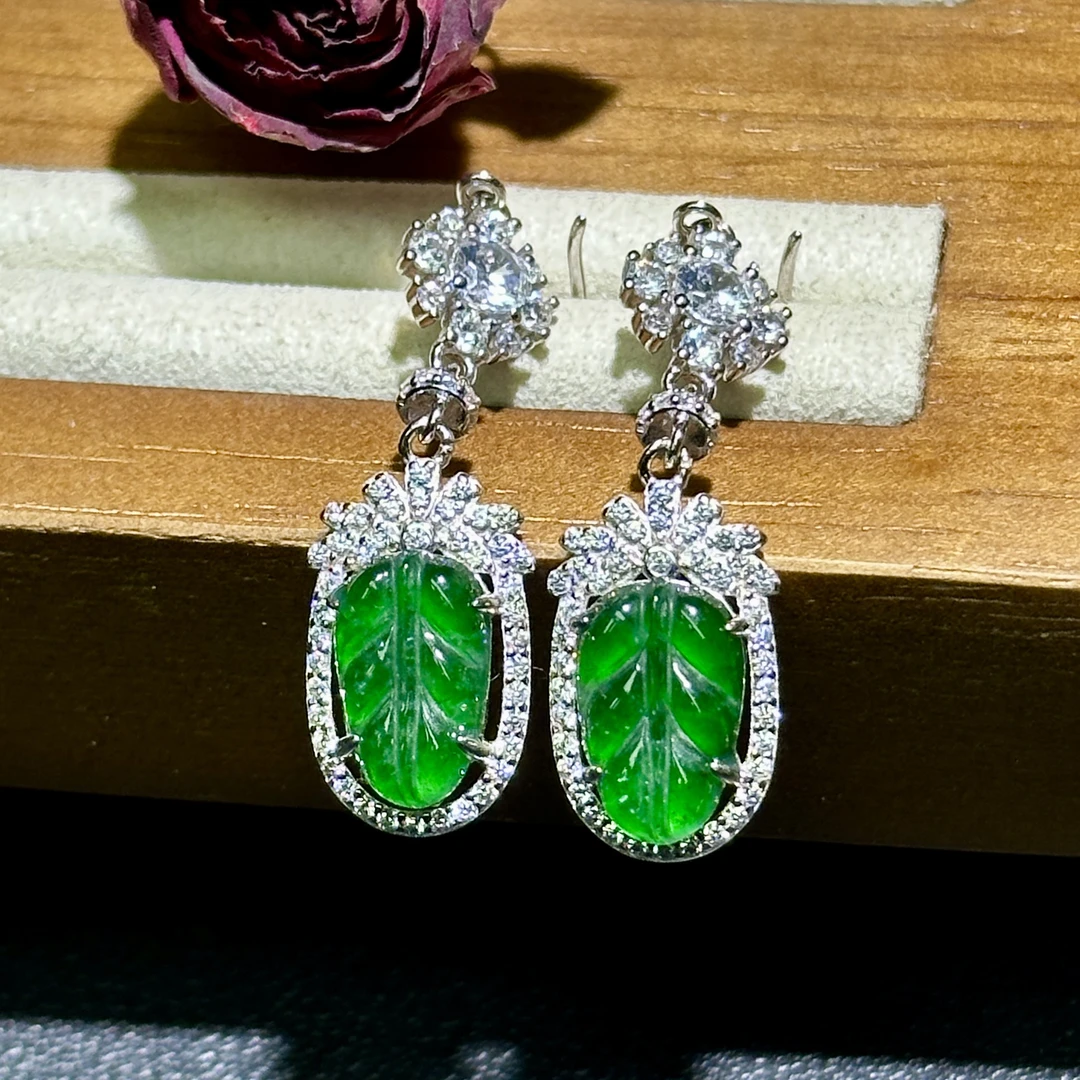 S925银流苏绿叶子耳钉天然翡翠-jy(多样性发一)