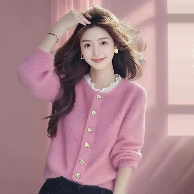 新款韩系秋冬季粉色针织衫2025穿搭设计感时尚洋气百搭毛衣外套女