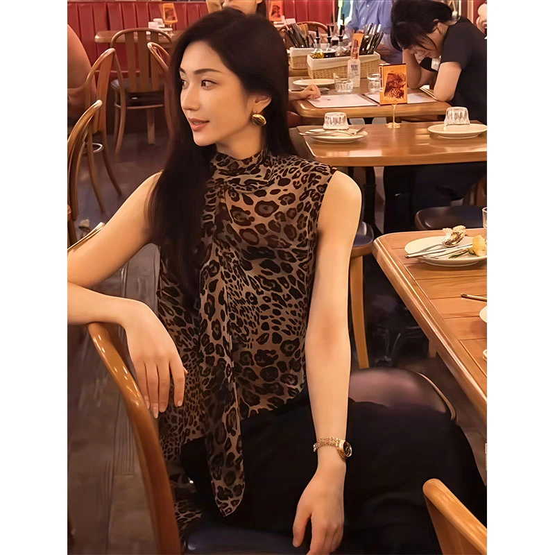 御姐高级感时尚显瘦修身豹纹无袖高领上衣休闲百搭宽松阔腿长裤女