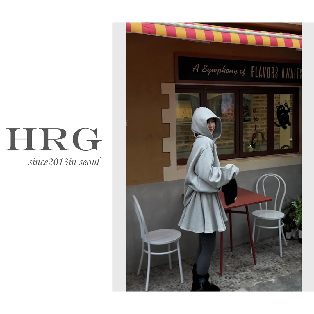 【成套链接】冬季灰色加绒连帽套头卫衣加绒短裙减龄休闲保暖韩版