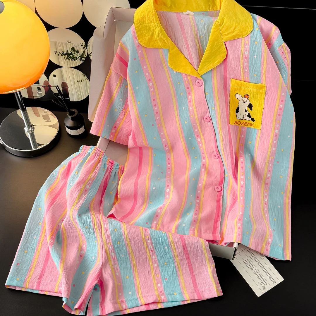 睡衣女款爆款2025新款夏季卡通可爱短袖薄款条纹ins两件套家居服