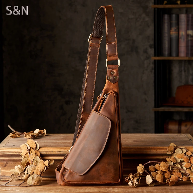 手工原创疯牛皮个性复古胸包头层牛皮休闲挎包男包真皮单肩斜挎包