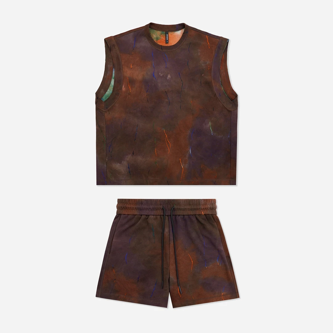 GGAHOLIDAY时尚复古宽松潮流休闲扎染无袖马甲短裤套装-154053/4