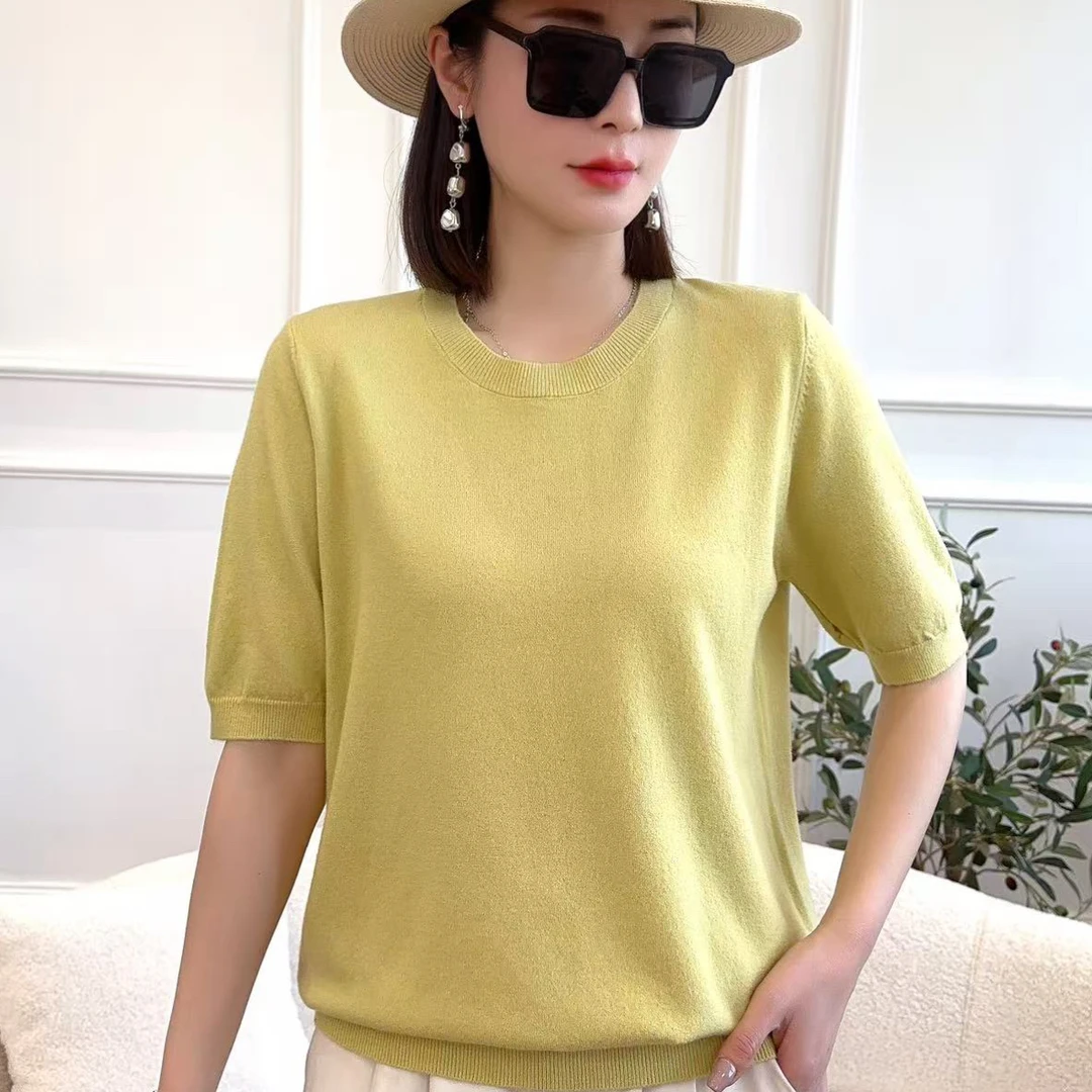 纯色圆领常规女薄款针织衫简约显瘦镂空时尚中袖