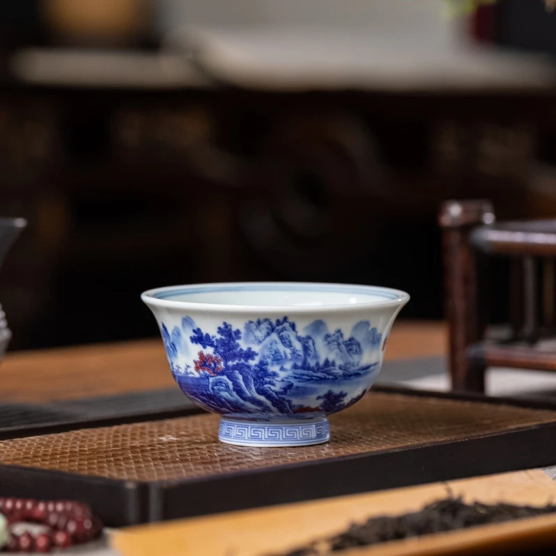 景德镇七丞堂仿古泥青花山水清流胜境陶瓷纯手工压手杯主人杯茶具