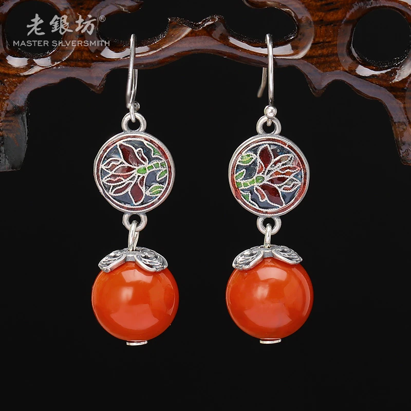 【老银坊】s925银兰花圆牌12mm南红耳坠 0014883