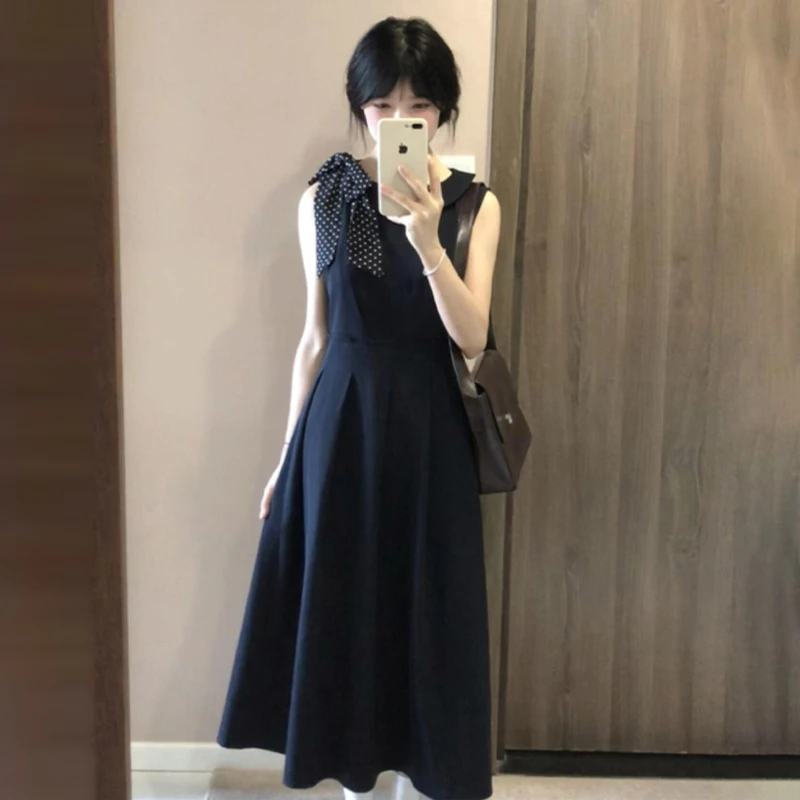 法式黑色赫本风无袖连衣裙子女夏季小个子高级感气质减龄收腰长裙