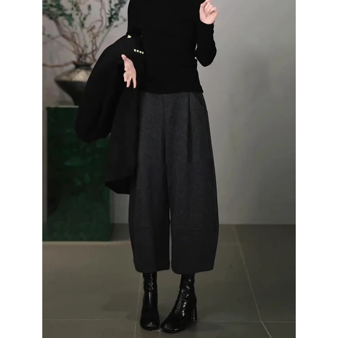 深灰色八分毛呢裤女秋冬新款高腰显瘦时尚百搭洋气减龄休闲阔腿裤