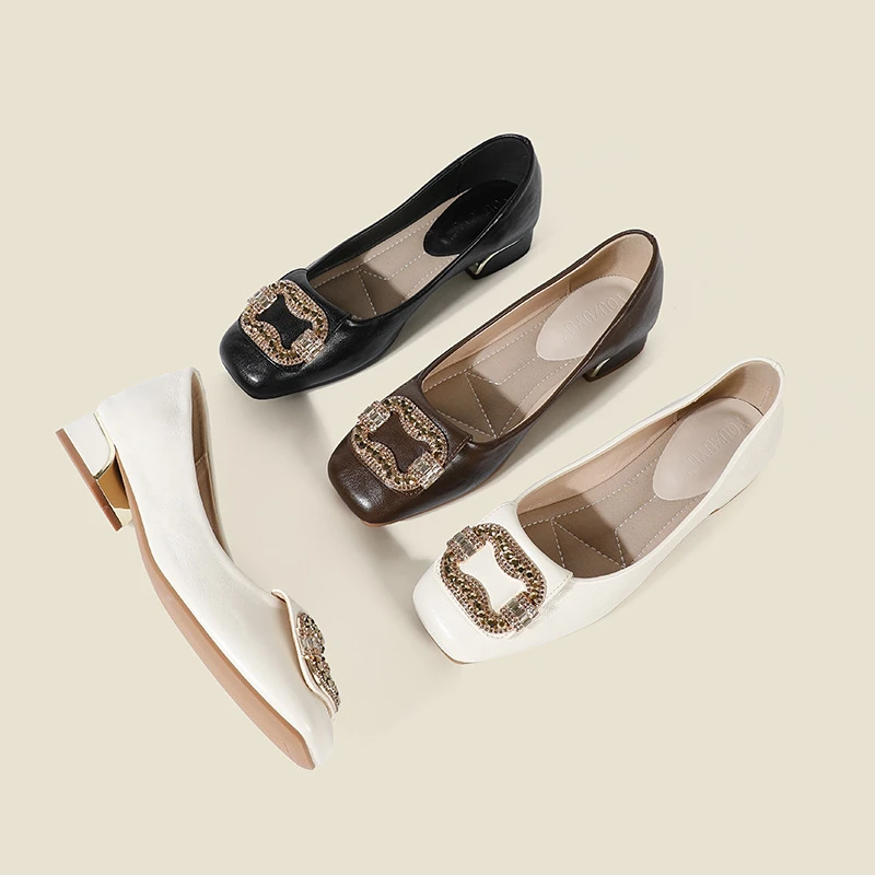 外贸跨境女士粗跟小皮鞋2025秋新款复古百搭四季方粗跟单鞋