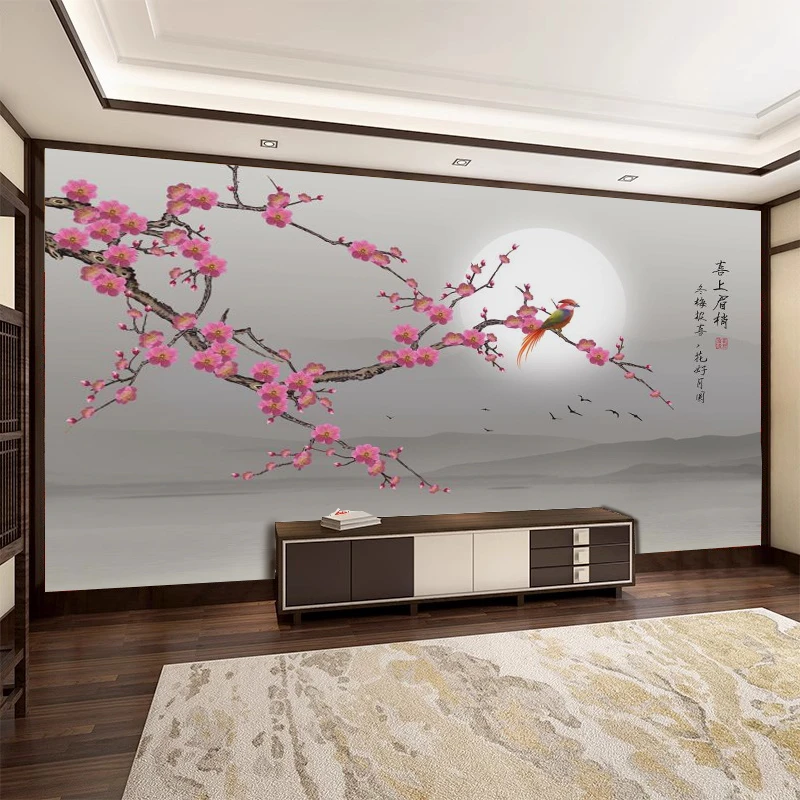 现代中式花鸟壁布中国风电视背景墙壁画客厅沙发影视墙纸卧室墙布