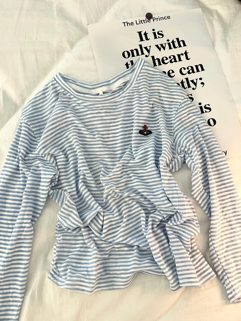 蓝色条纹通勤学院风睡衣女套装春夏季新款薄款条条纹长袖短裤套装