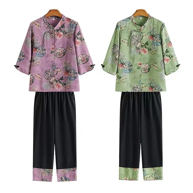 大码小衫夏季中老年女装夏装九分裤七分袖中袖复古妈妈装春夏古风