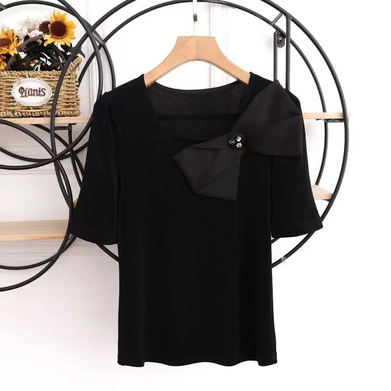 【F883】蝴蝶结T恤公主风时尚蝴蝶宽松显瘦短款纯色短袖修身常规款