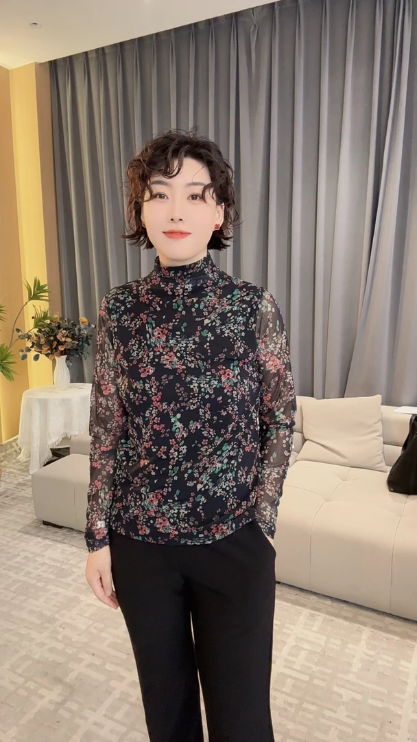 早秋通勤女装70D麻纱时尚复古半高领修身显瘦长袖打底衫T恤【7311】