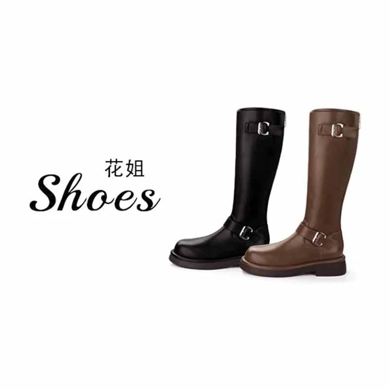 QC31788-5秋冬款圆头扣带粗跟不过膝后拉链中高筒骑士靴女真皮