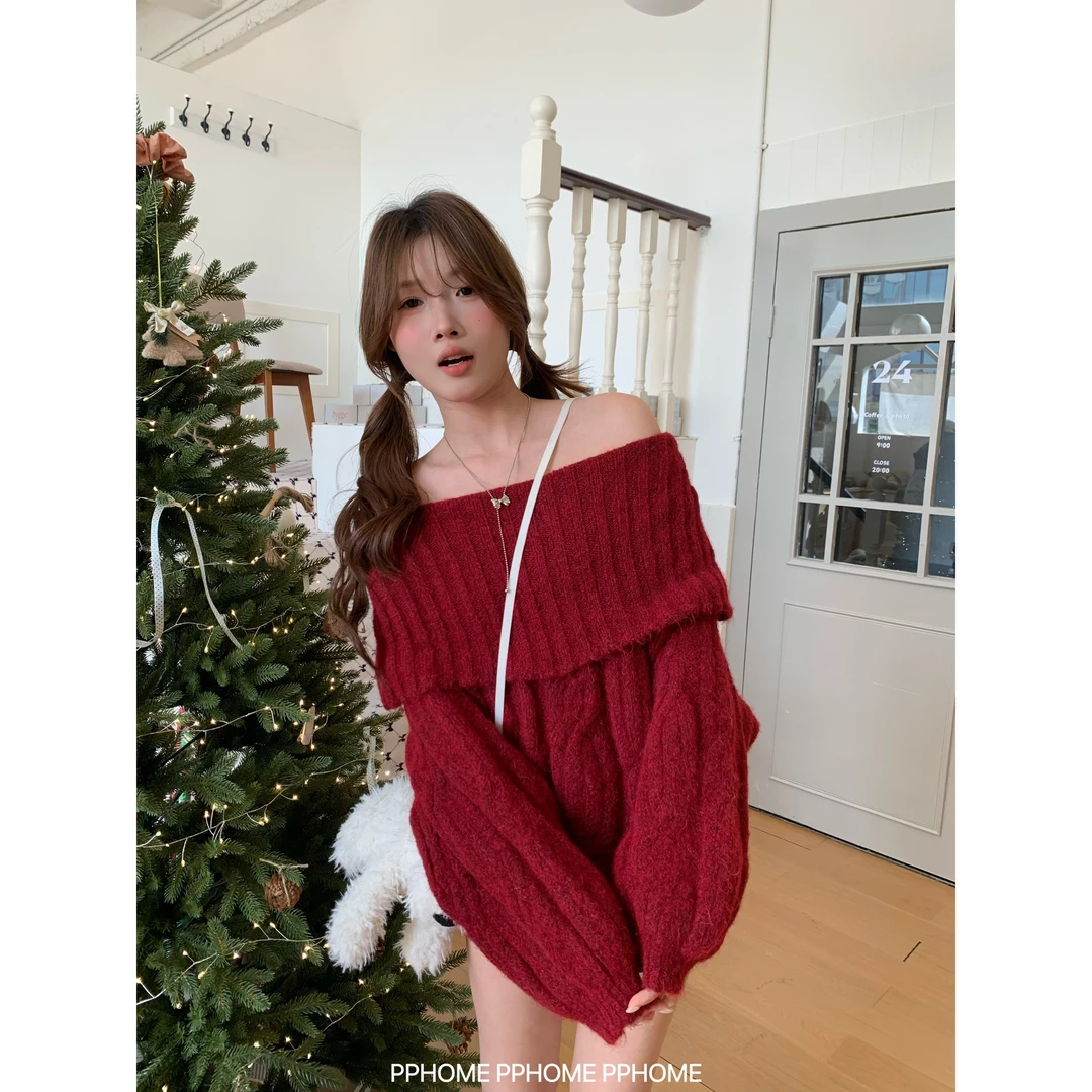 女神降临 圣诞氛围一字领麻花毛衣秋冬慵懒风软糯上衣