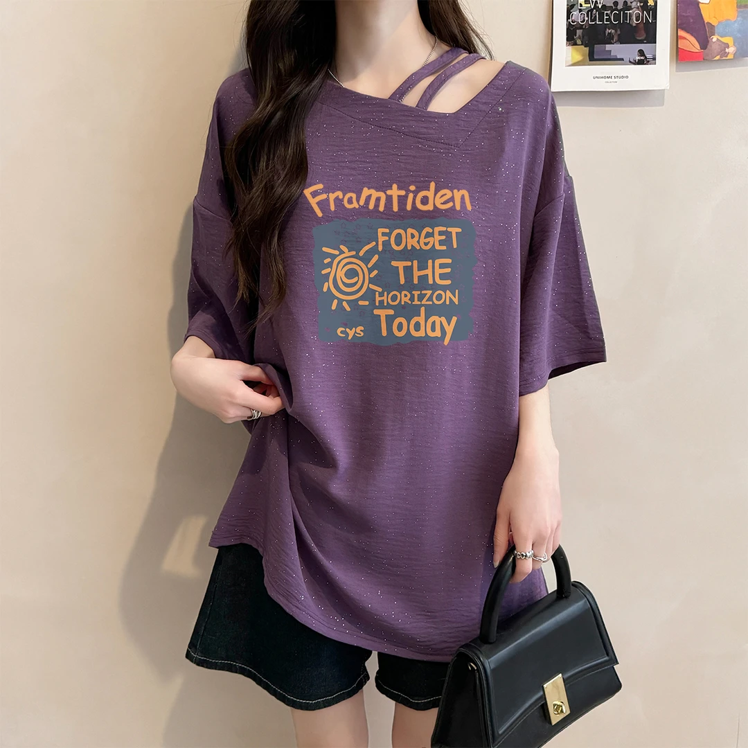 韩版INS风斜领短袖T恤女2025夏季时尚宽松中长款设计感亮闪闪上衣