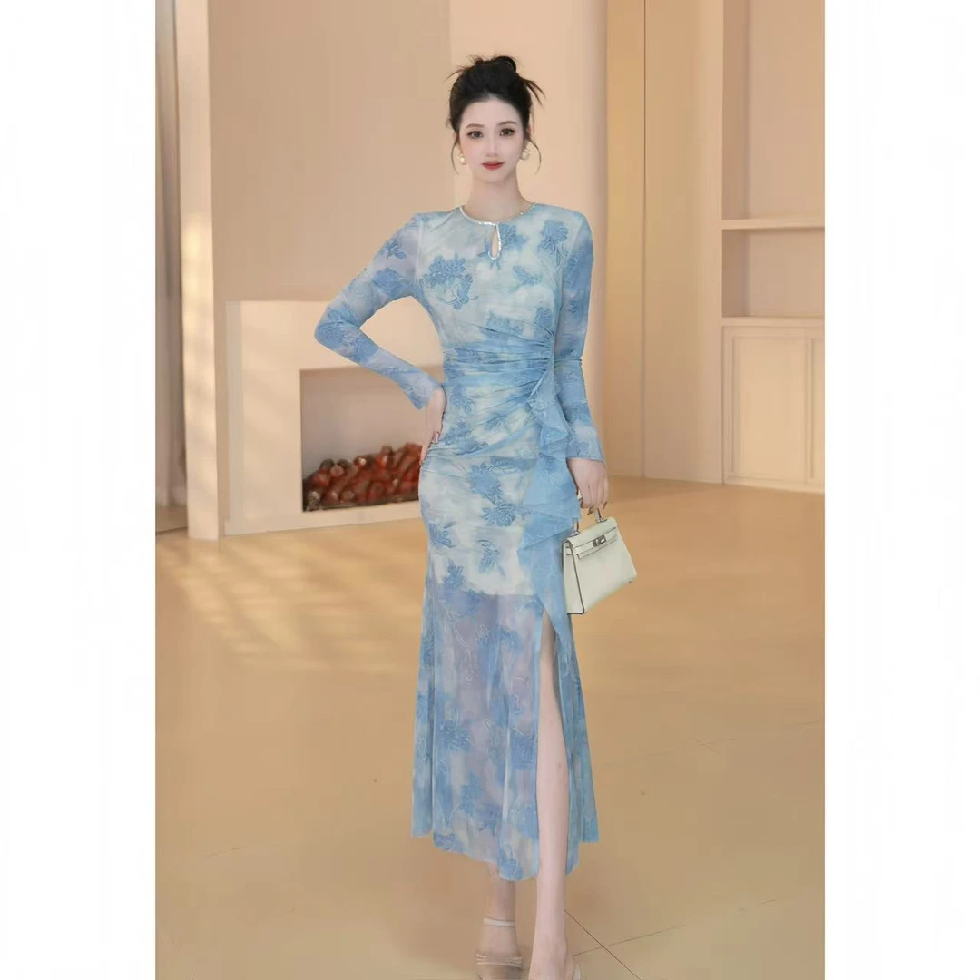 沐子的轻奢私藏【Mu/zi51550】秋季高腰水滴领印花收腰提花连衣裙