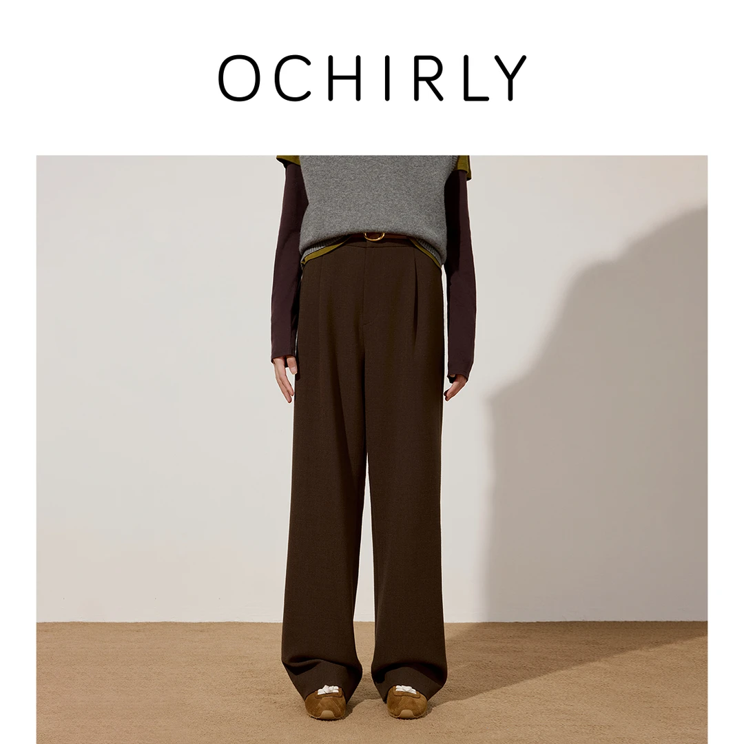 OCHIRLY欧时力 澳洲羊毛弹力花呢直筒裤秋冬新商场同款度假流光风