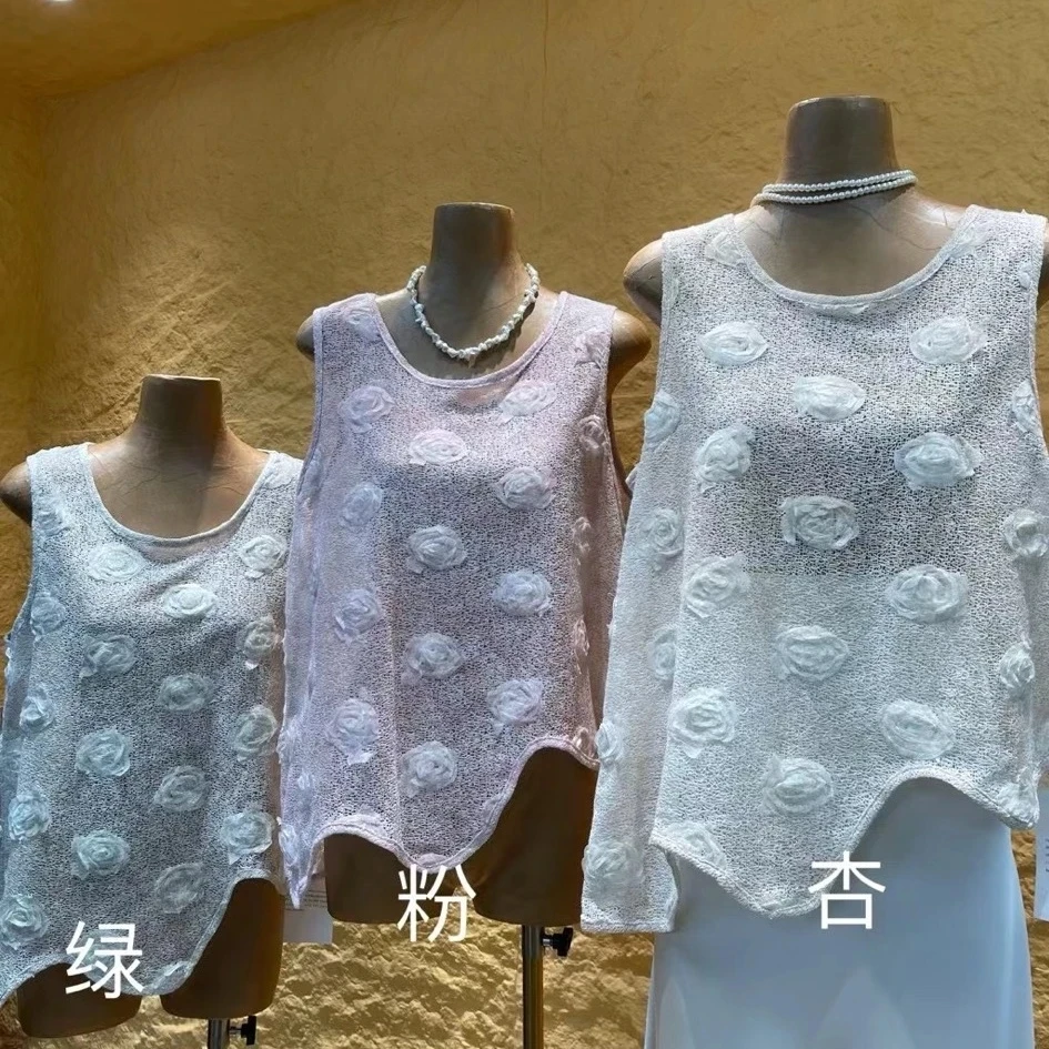 夏季设计感立体玫瑰花无袖上衣