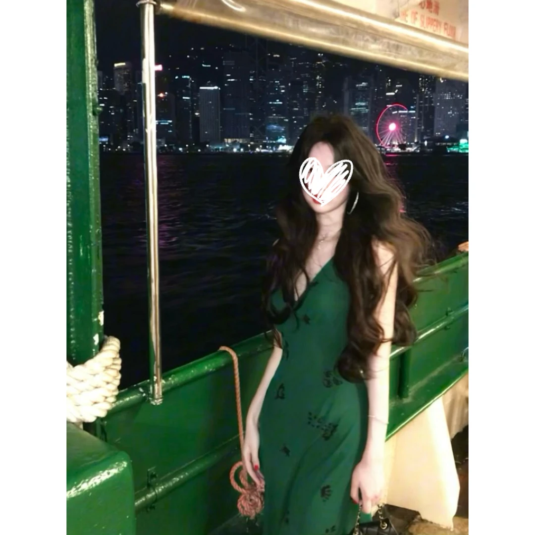 【花里胡哨】气质氛围感印花吊带裙小众垂感复古绿连衣裙裙子