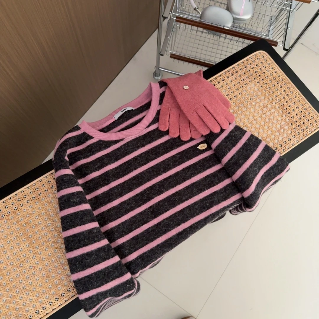 兔羊绒~新款韩系圆领条纹卫衣秋冬加厚宽松显瘦百搭休闲上衣女装