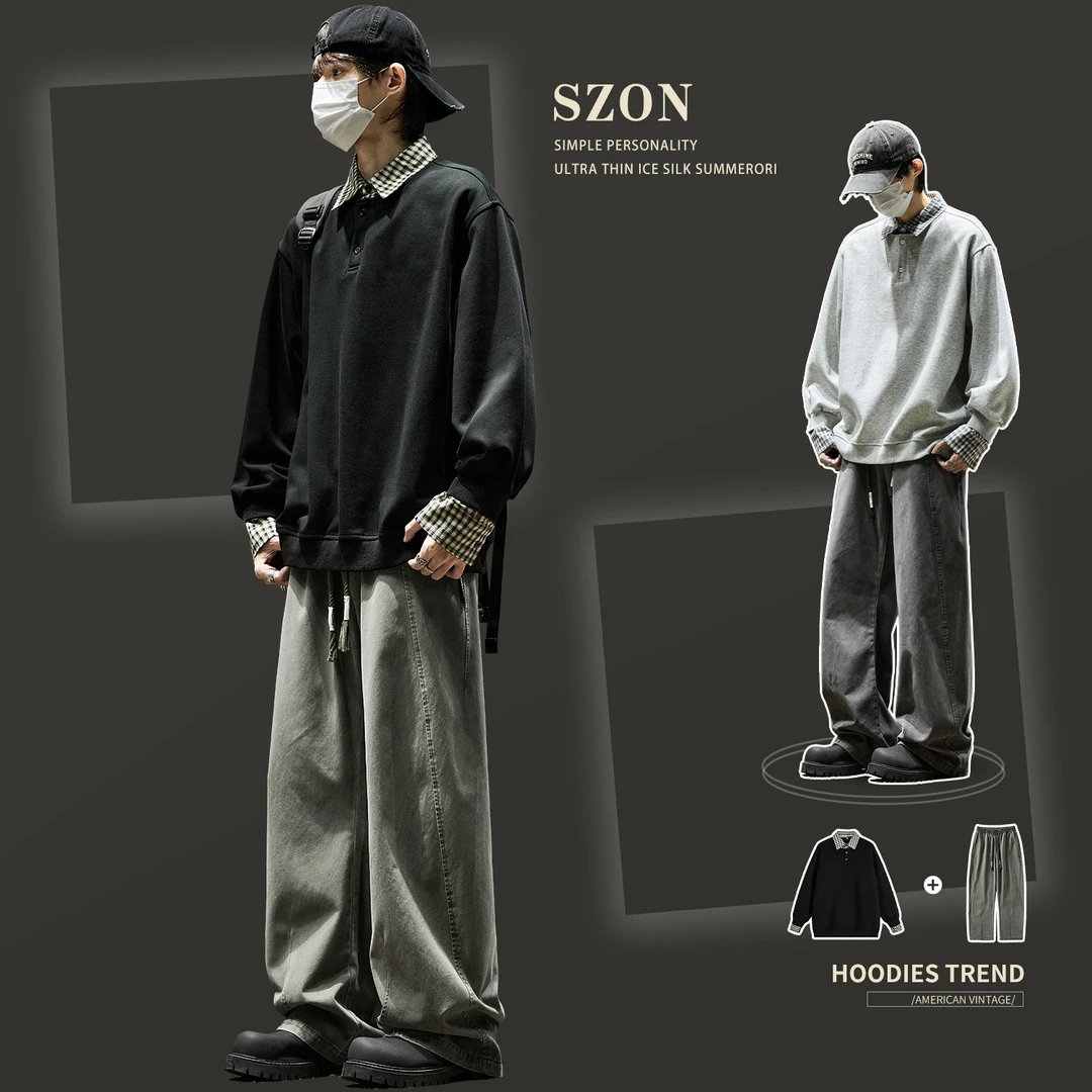 男士套装2025秋季款美式高街chic穿搭一套假两件polo衫搭配休闲裤