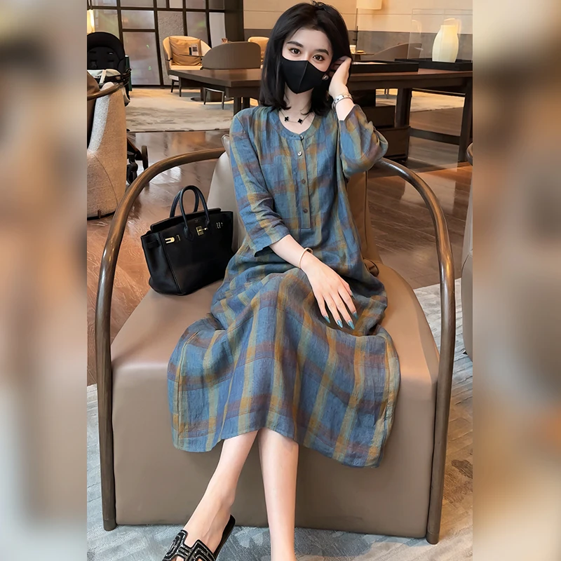 【Linda姐高端线】新款时尚轻奢气质休闲格纹连衣裙AA5LQT2552