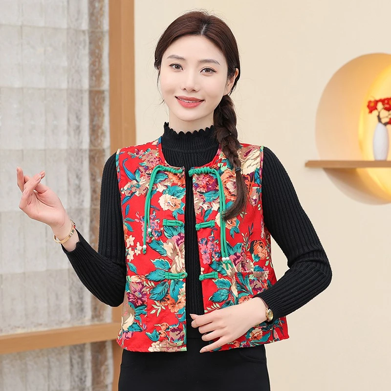 短款秋冬季保暖坎肩女士绣花马甲时尚民族风上衣女马夹保暖广场舞