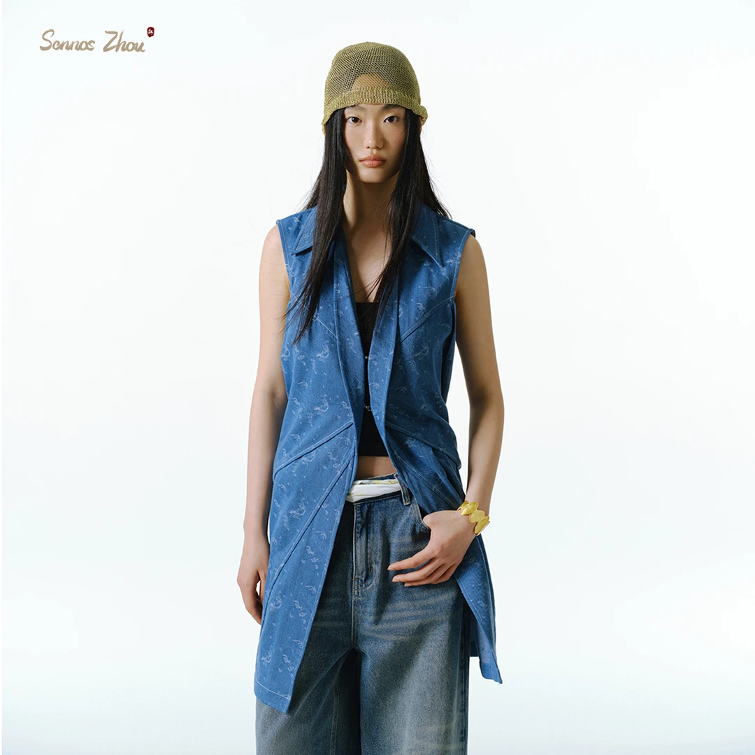 【Sennos Zhou】蕊兰卷浪提花牛仔飘带长马甲 Y512005