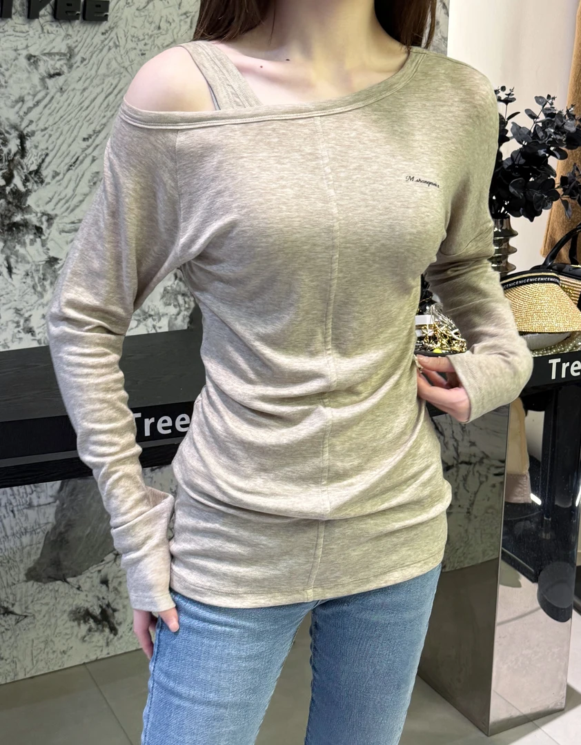 ZL简约慵懒显瘦新款斜肩两件套上衣长袖休闲