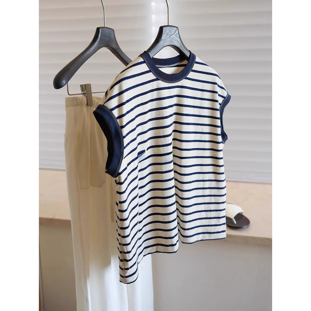 吼吼好看呐！休闲日常撞色条纹无袖背心夏季宽松慵懒风显瘦上衣女