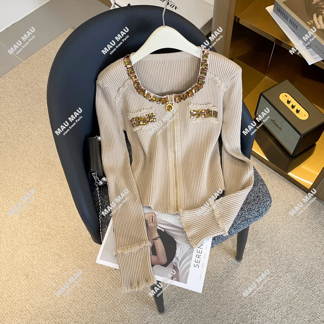 轻奢高端女装新款法式小香风气质修身显瘦重工钉珠针织开衫DY8961